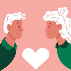 A man and a woman looking at each other. Love at first sight. cute cartoon illustration. Dating concept. Banner, poster, greeting card template.