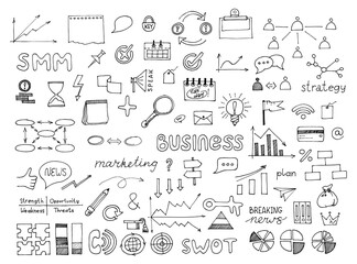 Business idea and business plan vector doodles. Hand drawn sketch illustration