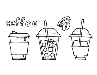 Large set of hand drawn coffee doodles: drinks, desserts, beans and other related objects. Vector sketch illustration.