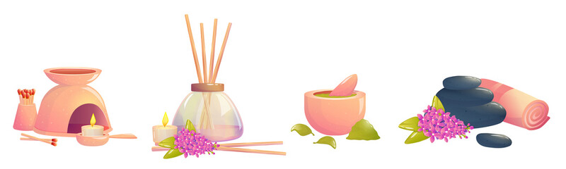 Aromatherapy clipart with lilac flower, aromatic sticks, candles and hot stones. Items for relaxation and body care. Refreshing scent of lilac, mint for health. Cartoon vector illustration.