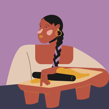 Ilustración de vector de mujer latina mexicana sonriendo sosteniendo un metate para hacer salsa, mole o chocolate