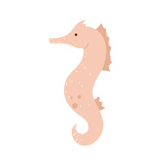Pink seahorse. Small marine animal, fish. Hippocampus. Sea or ocean creature aesthetic. Vector illustration in cartoon style. Isolated white background.