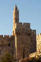 View of the landmark, stone Tower of David and the surrounding walls and greenery of the Old City of Jerusalem. © Yehoshua Halevi