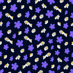 Fototapeta na wymiar Floral seamless pattern on a dark background. Backgrounds and wallpapers for invitations, cards, fabrics, packaging, textiles, posters. Vector illustration.