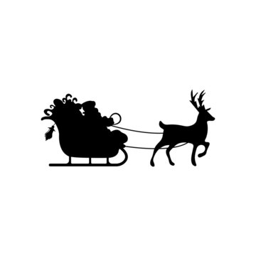 Santa Claus in a sleigh pulled by a deer carries gifts sygn symbol. Merry Christmas and Happy New Year. Vectror EPS 10