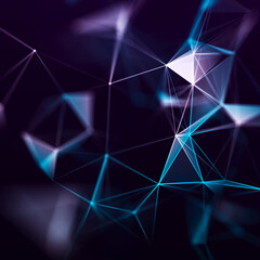 Connection of colored lines and shapes in space. Big data visualization. Digital background. 3d rendering.