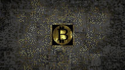 Bitcoin, cryptocurrency and mining concept. 3d Sign of bitcoin on the cpu processor of a computer in golden light. Cryptoeconomics, virtual money, earnings, business idea.