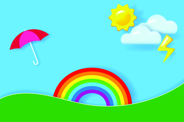 Summer rural landscape with green hills, rainbow, sun, clouds and flying umbrella. Background for countryside design