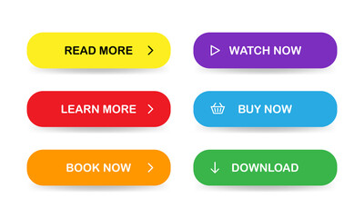 Flat style buttons for website. Read more, Learn more, Book now, Watch now, Buy now, Download. Vector EPS 10