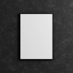 Modern and minimalist vertical black poster or photo frame mockup on the industrial black wall. 3d rendering.