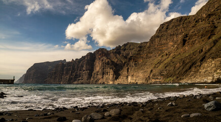Panoramic view of Los Gigantes spectacular cliffs from Guios beach, Santiago del Teide municipality,  southwest of Tenerife, Canary Islands, Spain
