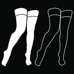 Women stocking outline and silhouette simple minimalist vector icon. Female legs set. Outline attractive foot, vector illustration. Woman leg vector isolated on black background.