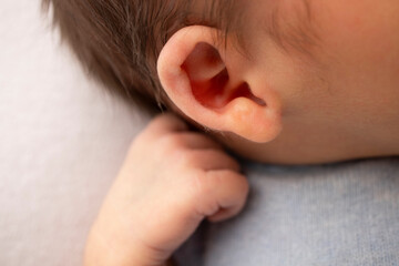 Small hand, head and ear of a newborn baby. Studio macro photography. 