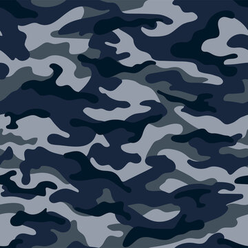 Navy blue military camouflage seamless pattern. Vector