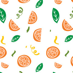 Hand drawn seamless pattern with silhouette orange slises, leaves and confetti for fabric and wrapping paper