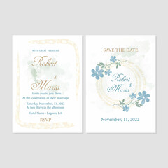 Elegant wedding invitations with watercolor greenery and flowers with a golden frame