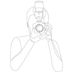 Photographer continuous one line drawing. Man taking picture hand drawn illustration. Guy shooting with photo camera line art. Vector.