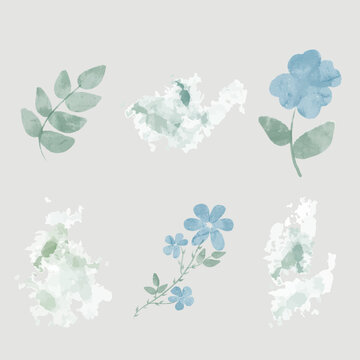 watercolor set in rustic style leaves, flowers, blots