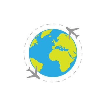 Globe with airplanes icon. Symbol of tourism and travel. Vector EPS 10