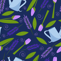 Seamless pattern with lavender and tulip flowers. Shades of a blue and purple. Spring illustration, summer pattern. 