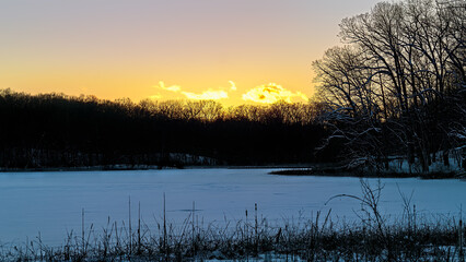 Winter sunset over Haven Hill Lake, Haven Hill Natural Area, Highland Recreation Area, Oakland County, Michigan