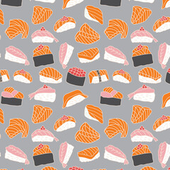 Seamless pattern background of hand drawn sushi set in doodle art style