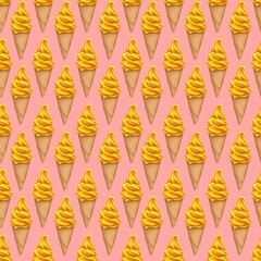 Seamless pattern with yellow waffle cone ice cream on the soft peach background