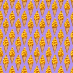 Seamless pattern with yellow waffle cone ice cream on purple background