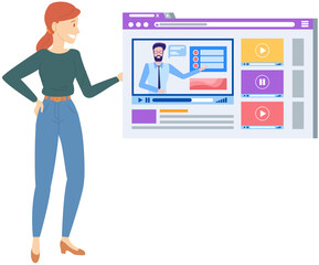 Virtual education and online practice concept. Woman uses Internet for connection with teacher or tutor. Lady watches video with explanation. Student looks at screen with video tutorial, online lesson