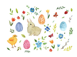 Obraz premium Watercolor set of Easter elements,eggs, rabbit, chicken, tulip flowers,