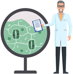 Scientists make laboratory analysis of life system and organisms. Idea of education, botany, microbiology. Biologists study structure of plant cell. Biological research with green sample in lab