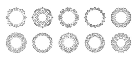 Set of decorative frames Elegant vector element for design in Eastern style, place for text. Floral gray and white borders. Lace illustration for invitations and greeting cards