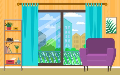 Obraz premium Design of modern living or hotel room. Home with comfortable furniture, sofa and armchair, panoramic window with view on buildings in city. Empty area for recreation, cozy hotel room interior