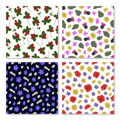 Set of seamless patterns with wild flowers. Backgrounds and wallpapers for invitations, cards, fabrics, packaging, textiles, posters. Vector illustration.