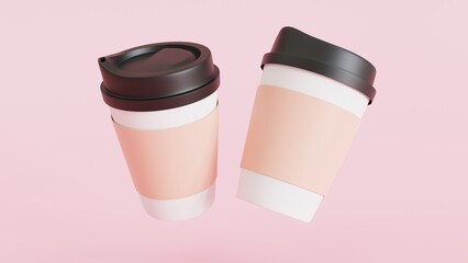 Two paper coffee cups,  Mockup template. 3D illustration floating over the background