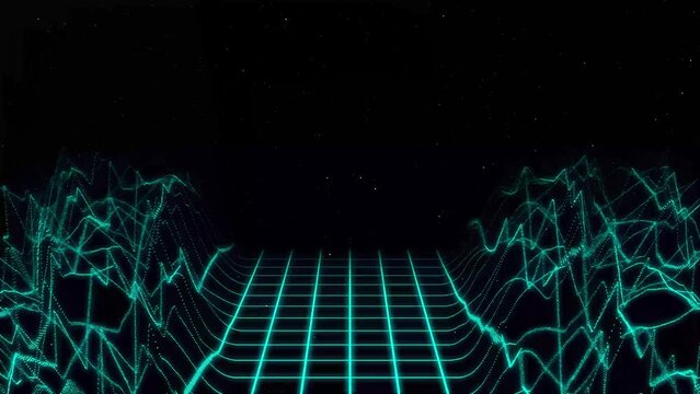 Retro background loop animation. 80s style. Futuristic retro horizon landscape with sun and neon light grid. 3D-rendering