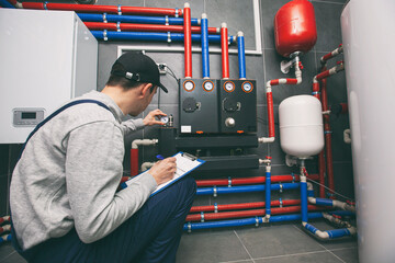 Technician servicing holding clipboard and inspecting heating system in boiler room