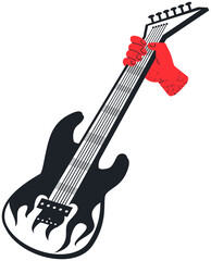 Obraz premium Human hand holding black and white stringed electric musical instrument. Guitar with strings for loud music. Modern instrument for guitarists. Person playing electric guitar vector illustration