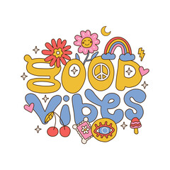 Hand written lettering Good Vibes in hippie style shape with piece sign, flowers, rainbow and mushroom. Retro style 70s isolated concept for poster, card, fabric. Linear hand drawn vector illustration