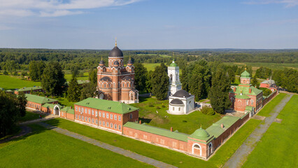 Drone view of Spaso-Borodinsky Monastery on sunny summer day. Semenovskoye, Moscow Oblast, Russia.