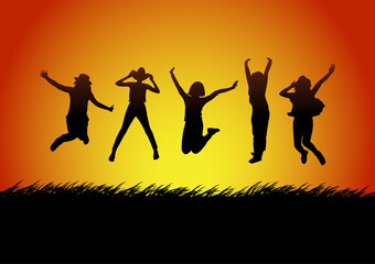 Silhouettes happy jumping women with the light of sunset  background, vector illustration