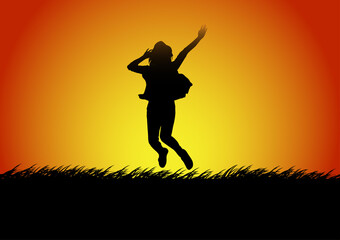 Obraz na płótnie Canvas Silhouettes happy jumping women with the light of sunset background, vector illustration