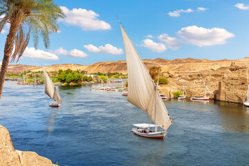 Sailboats of the Nile, famous view of Aswan city, Egypt