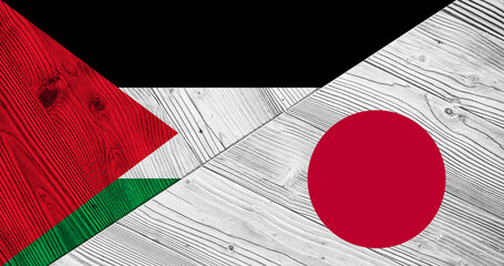 Background with flag of Palestine and Japan on divided wooden board. 3d illustration