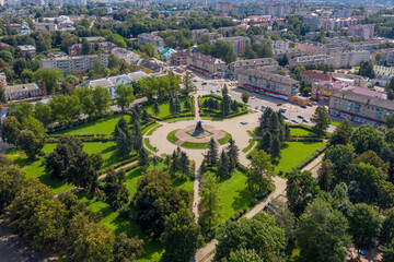 Aerial view of General Efremov Square on sunny summer day. Vyazma, Smolensk Oblast, Russia.