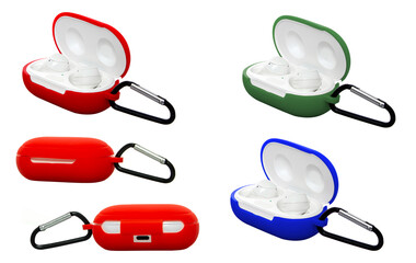 wireless headphones in a silicone case with a carabiner, on a white background in isolation collage
