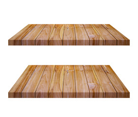 Empty brown old wooden shelf isolated on white background. for montage of your product