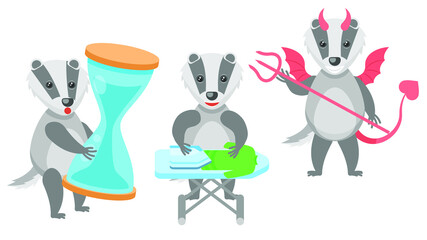 Obraz premium Set Abstract Collection Flat Cartoon Different Animal Badgers Holding An Hourglass, Ironing Clothes, Devil With Horns And Trident Vector Design Style Elements Fauna Wildlife