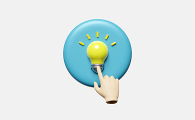 3d hand press blue button with yellow light bulb isolated on white background. idea tip education, knowledge creates ideas concept, minimal abstract, 3d render illustration