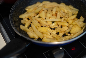 Cooking meat and fries in oily saucepan   